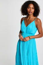 Robe midi droite pliss�e bleu ciel femme