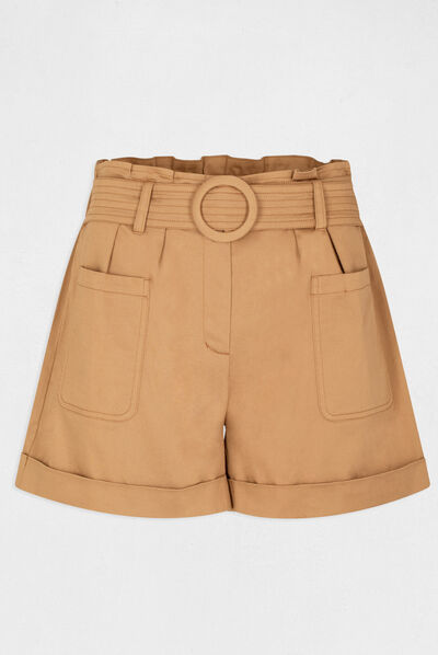 High-waisted straight belted shorts caramel ladies'