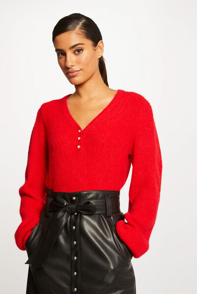 Long-sleeved jumper with V-neck red ladies'