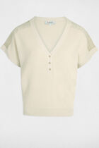 Pull col en V manches courtes beige clair femme