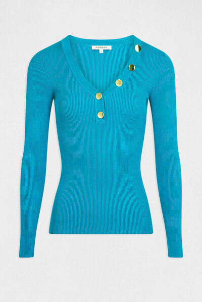 Long-sleeved jumper buttons fine knit blue ladies'