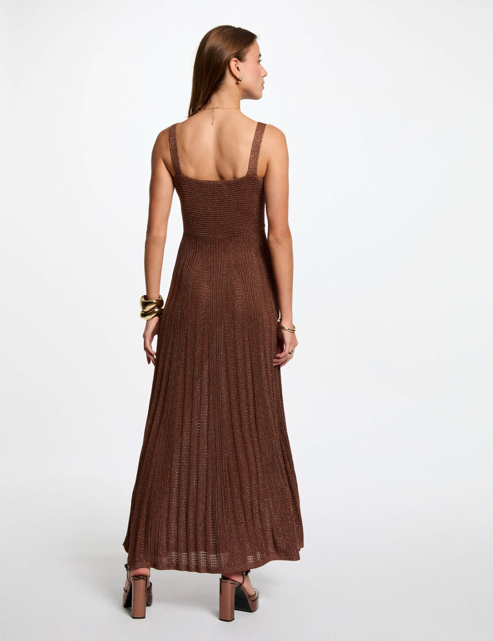 Robe tricot longue droite marron cognac femme