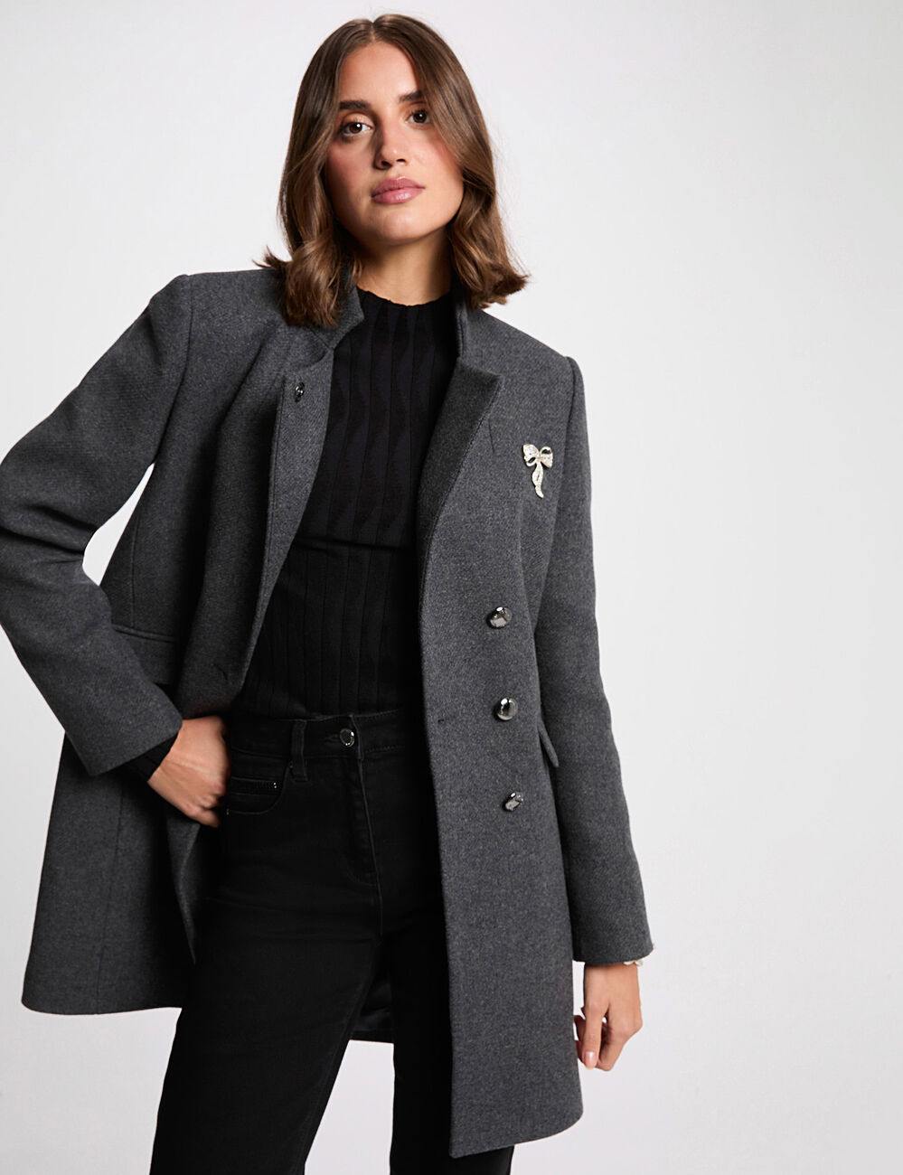 fitted boucle coat dark grey women Fitted boucle coat dark grey women