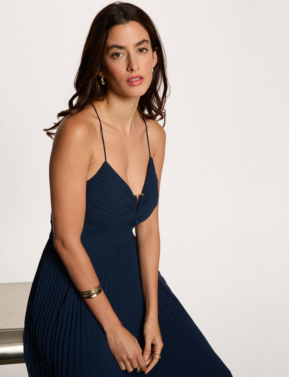 Long dress with open back navy blue women