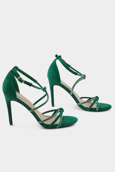 Sandals with heels and rhinestones green ladies'
