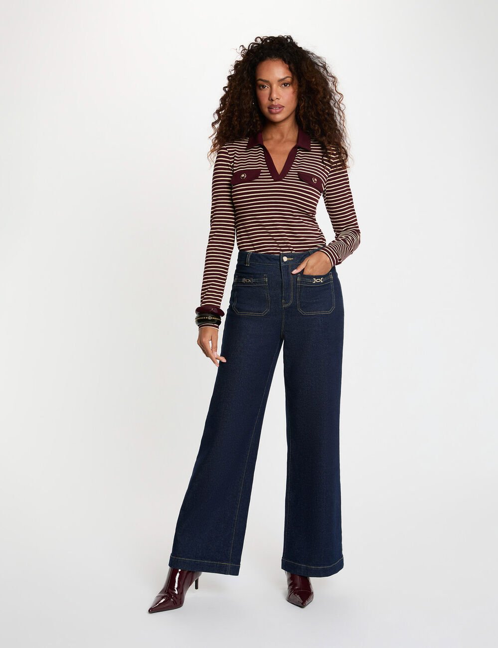 Striped long-sleeved polo bordeaux women