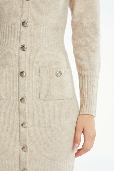 Fitted jumper dress with buttons beige ladies'