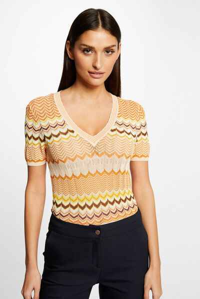 Short-sleeved jumper chevron print orange ladies'