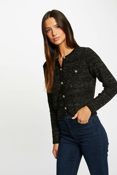 Buttoned cardigan metallised threads black ladies'