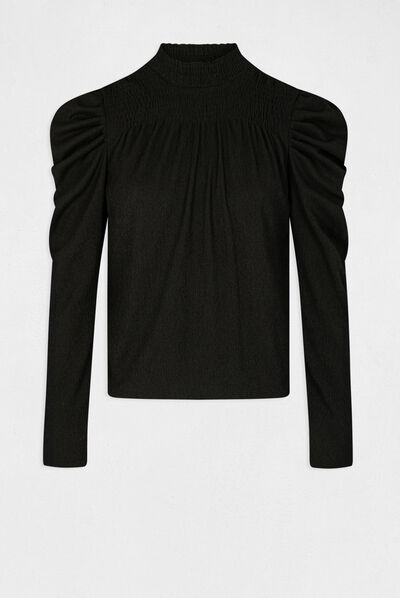 Long-sleeved smocked t-shirt black ladies'