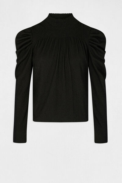 Long-sleeved smocked t-shirt black ladies'