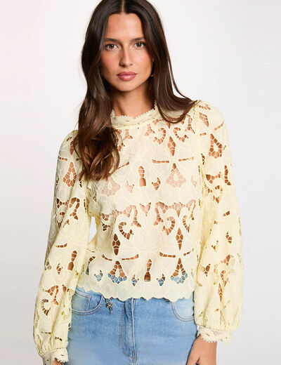 Embroidered blouse with high neck pastel yellow women