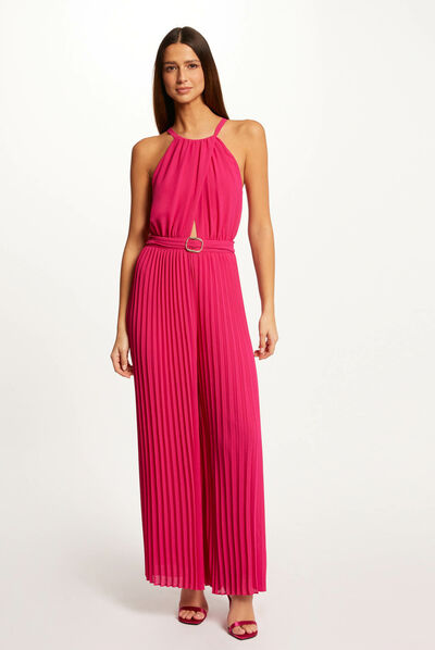 Wide leg pleated jumpsuit dark pink ladies'