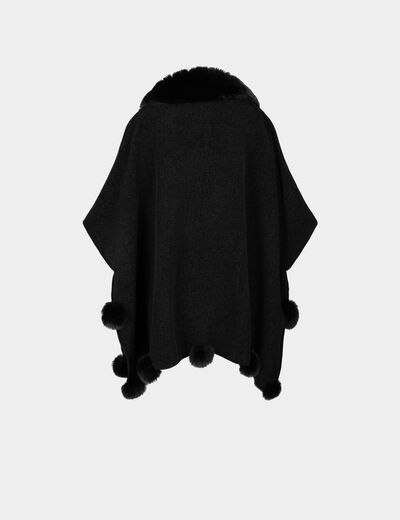 Poncho with pom-poms black ladies'