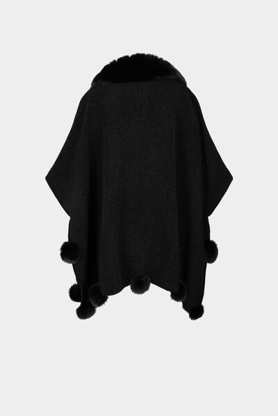 Poncho with pom-poms black ladies'