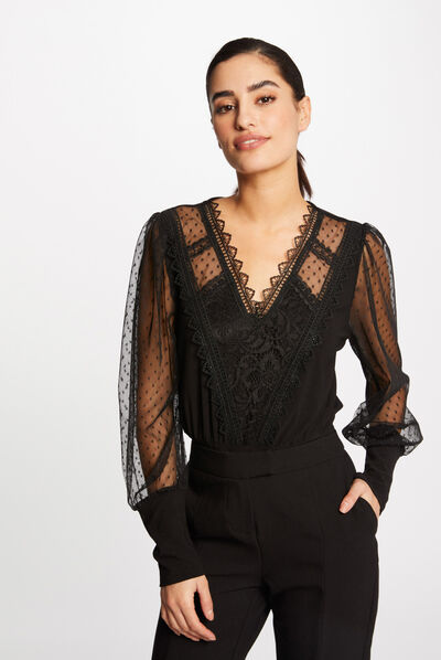 Long-sleeved t-shirt with dobby spot black ladies'