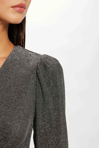 Fitted draped dress metallised threads silver ladies'