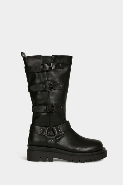Flat boots with straps black ladies'