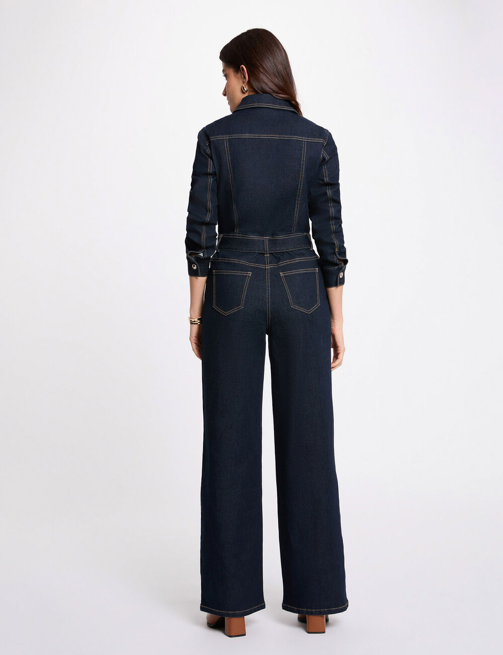 Wide-leg denim jumpsuit raw denim women