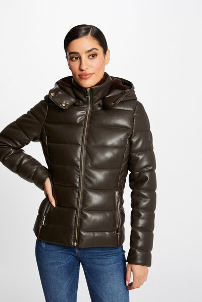 Straight padded jacket with hood chestnut brown ladies'