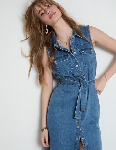 A-line midi denim dress stone wash denim women