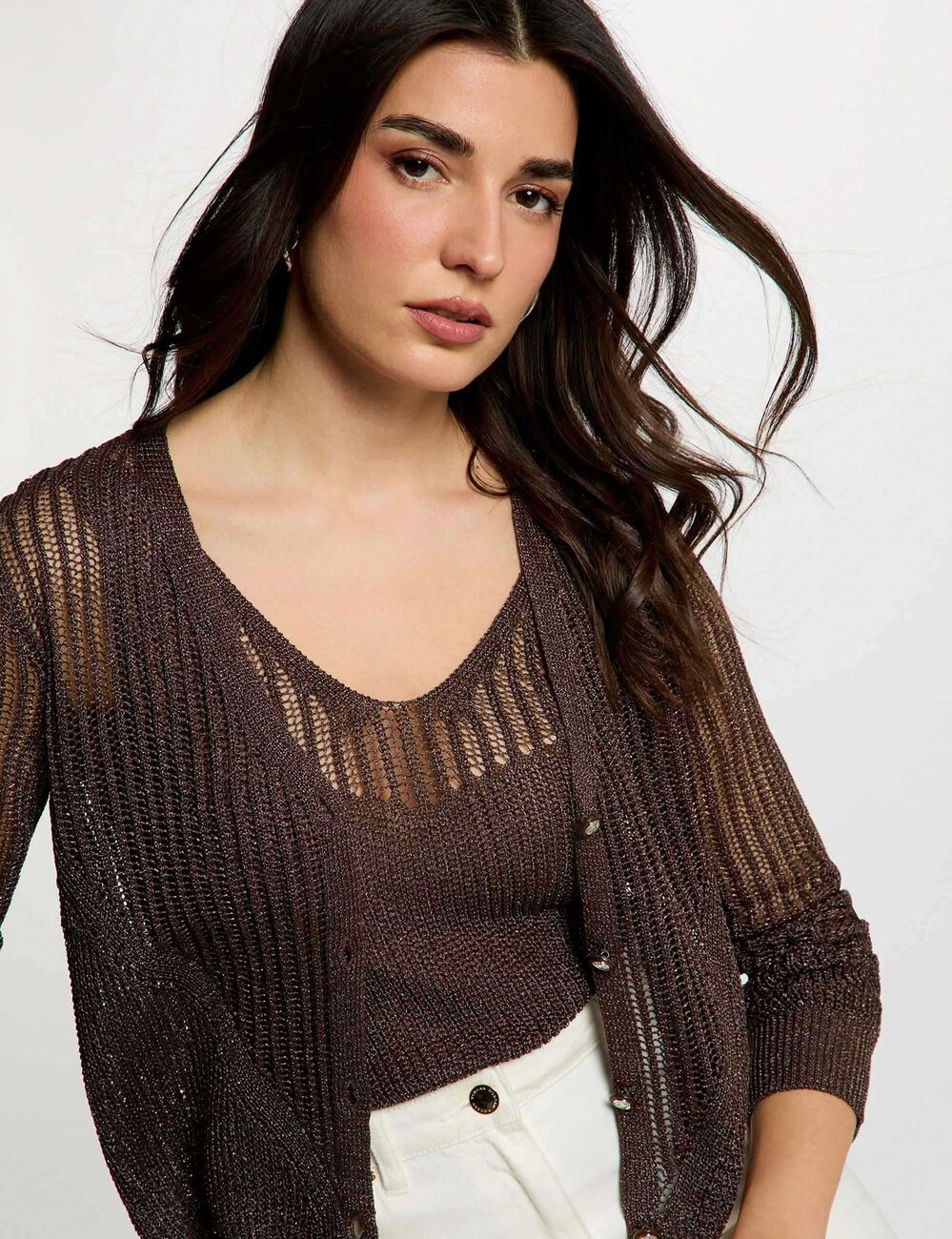 Openwork long-sleeved cardigan dark brown women