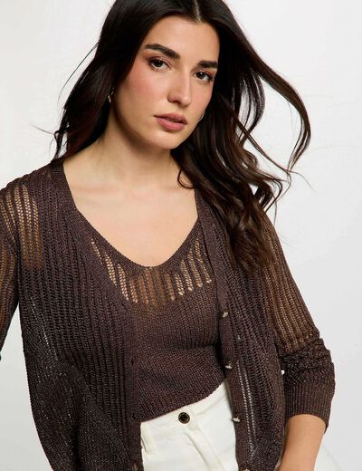 Openwork long-sleeved cardigan dark brown women