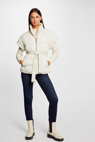 Straight padded jacket with belt ivory ladies'