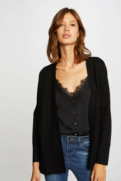 Long-sleeved cardigan with open collar black ladies'