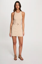 Belted fitted mini dress beige women