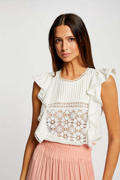 Short-sleeved t-shirt with ruffles ecru ladies'