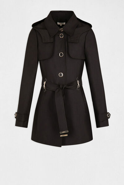 Straight belted trenchcoat with hood black ladies'