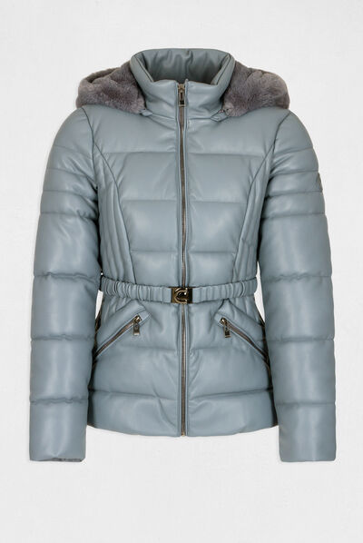 Straight belted padded jacket with hood blue ladies'