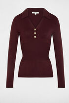 Pull ajusté col polo prune femme