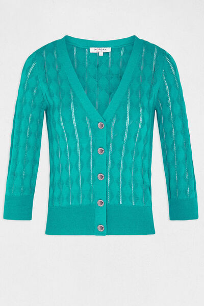 Buttoned 3/4-length sleeved cardigan mid-green ladies'