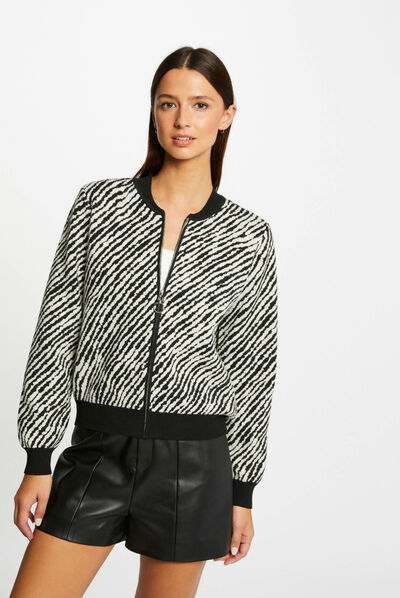 Zipped cardigan with animal print beige ladies'