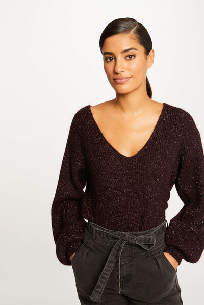 Long-sleeved jumper with V-neck plum ladies'