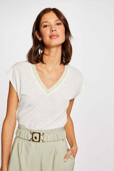 Short-sleeved t-shirt with V-neck ecru ladies'
