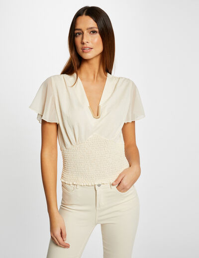 Smocked short-sleeved t-shirt medium ecru women