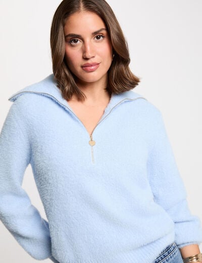 Long-sleeved jumper with zipped collar sky blue women