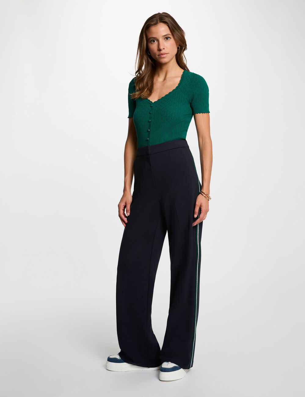 Wide-leg trousers with side stripes navy blue women