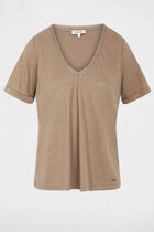 Pearl-embellished v-neck t-shirt taupe women
