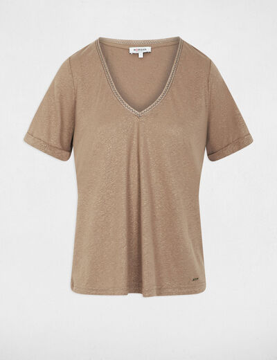 Pearl-embellished v-neck t-shirt taupe women