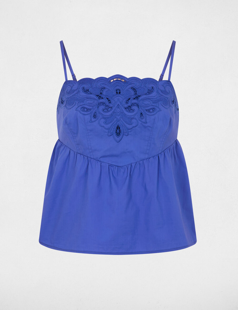 Embroidered top with thin straps blue women