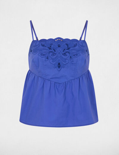 Embroidered top with thin straps blue women