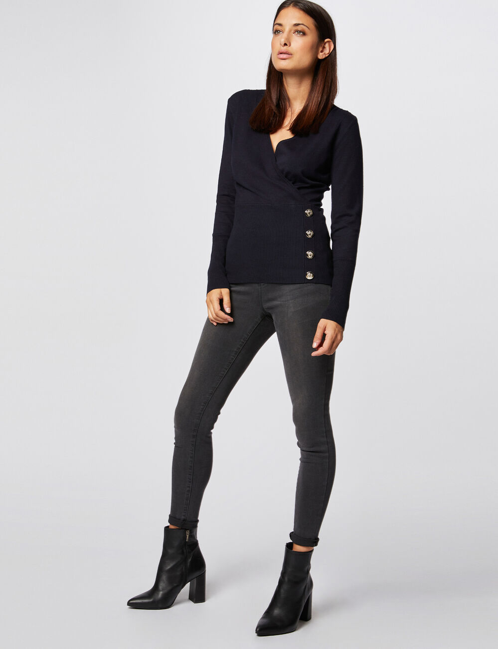 Long-sleeved jumper wrap-over neckline navy blue women