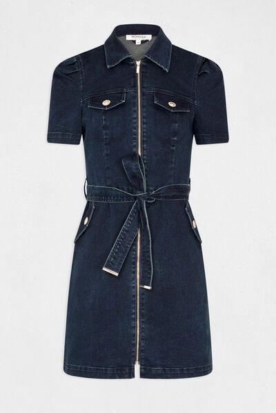 Straight belted zipped denim dress raw denim ladies'