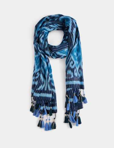 Printed scarf with pom-poms blue women