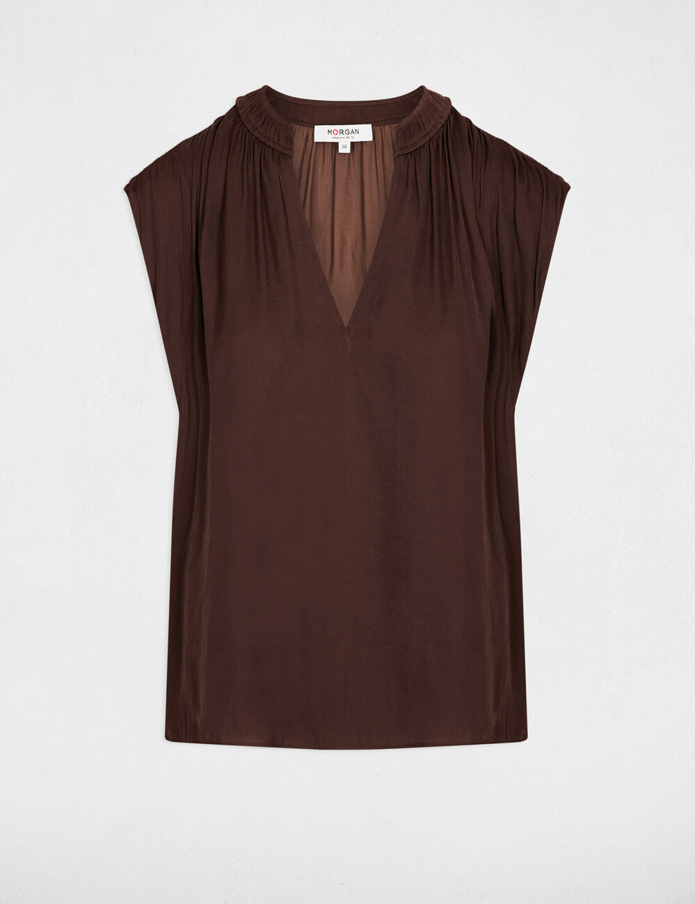 Satin short-sleeved blouse dark brown women