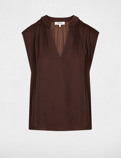 Satin short-sleeved blouse dark brown women